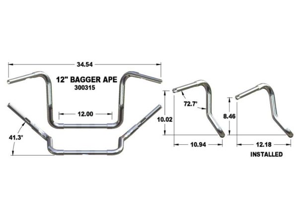 12" x 1-1/4" Fat Bagger Ape Handlebar - Chrome. Fits Touring 1996up with Fairing. - Image 2