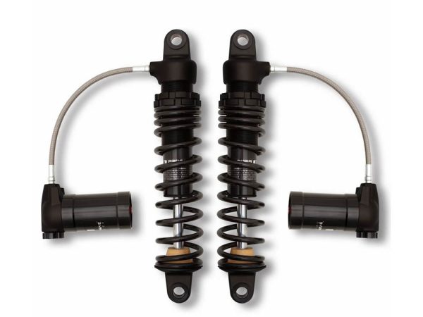 970 Series, 13" Standard Spring Rate Rear Shock Absorbers with Remote Reservoir - Black. Fits Touring 1980up with 5 or 6 Speed Transmission.