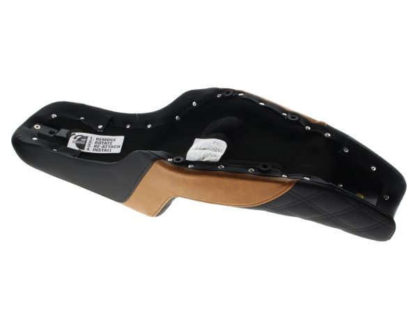 Custom Black & Brown Step-Up LS Dual Seat with Black Double Diamond Lattice Stitch. Fits Sportster 2004-2021 with 3.3 Gallon Fuel Tank. - Image 4