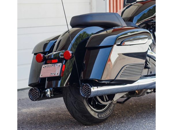 Grand Prix 4" Slip-On Mufflers - Chrome. Fits Indian Big Twin 2014up with Hard Saddle Bags.