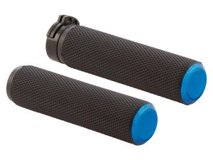 Knurled Fusion Handrips - Blue. Fits H-D with Throttle Cable.