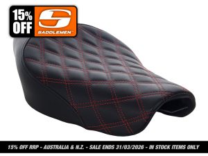 Renegade LS Solo Seat with Red Double Diamond Lattice Stitch. Fits Sportster 2004-2021 with 4.5 Gallon Fuel Tank.